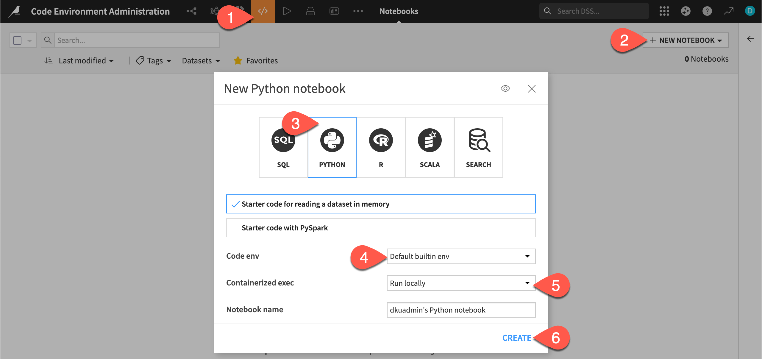 Dataiku screenshot of the dialog to create a Python notebook.