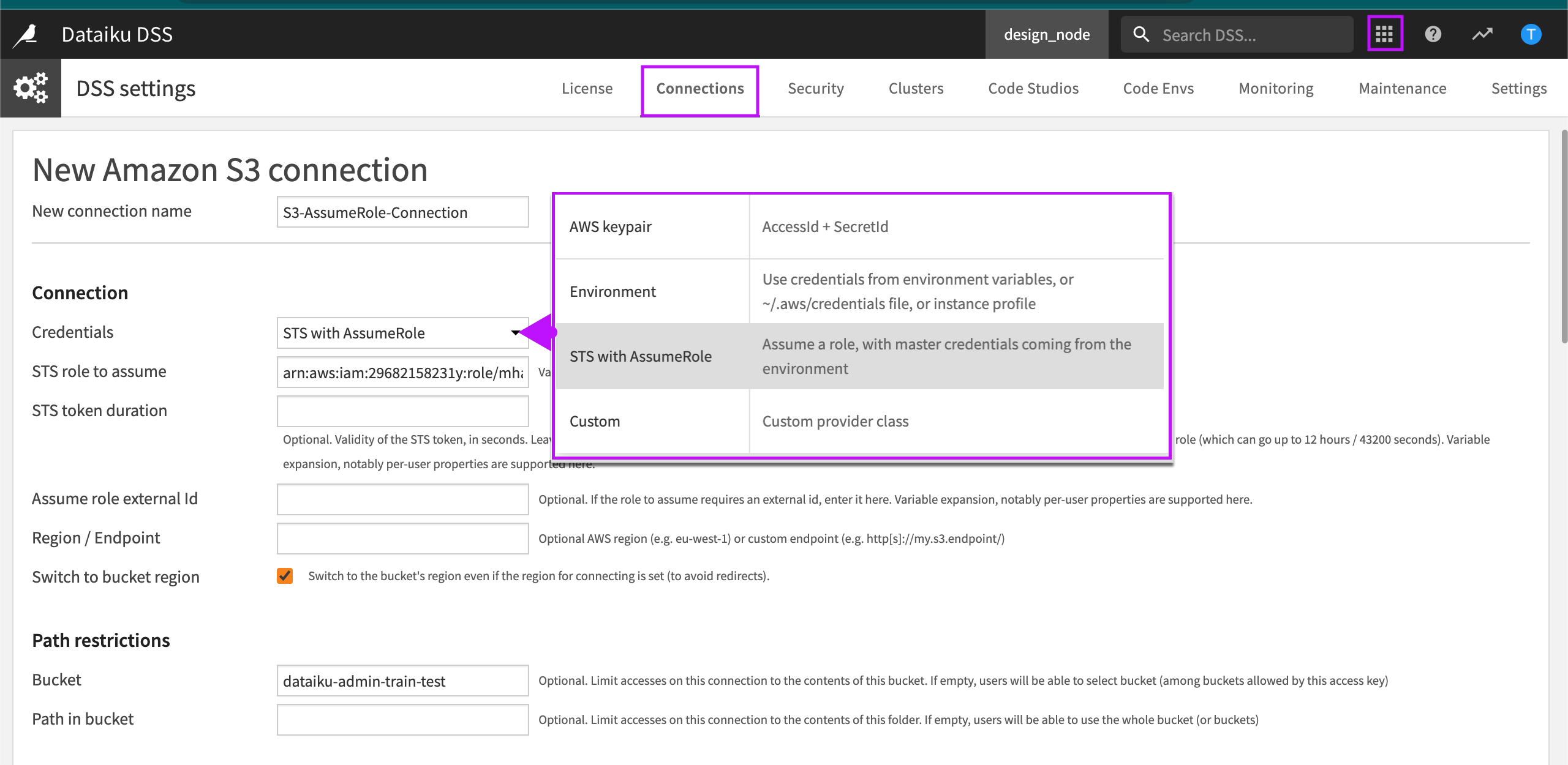 Usage Parameters section of the Connections tab within DSS settings.