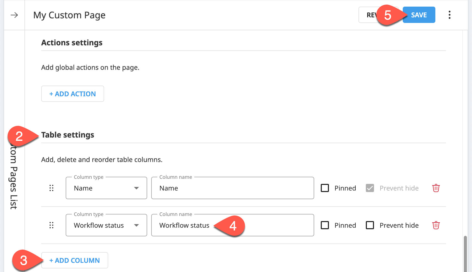 Dataiku screenshot of table settings of a custom page.