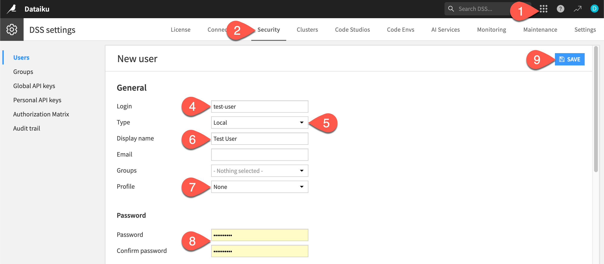 Dataiku screenshot of the new user page.