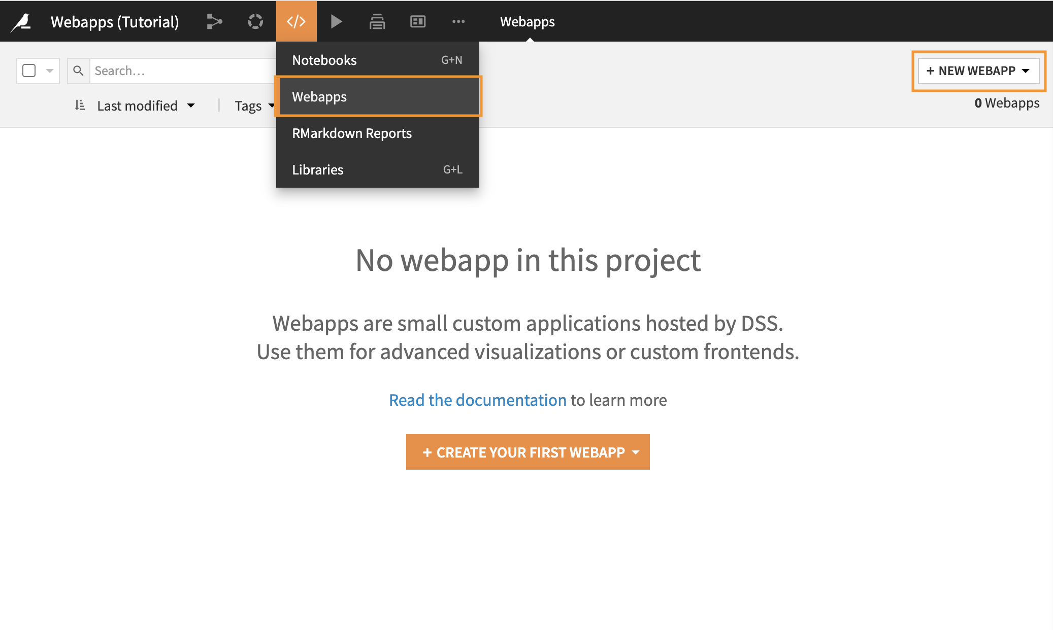 Dataiku screenshot of empty webapps page.