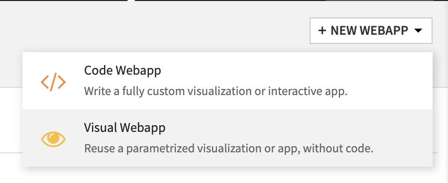 Menu for choosing to create a code or visual webapp.
