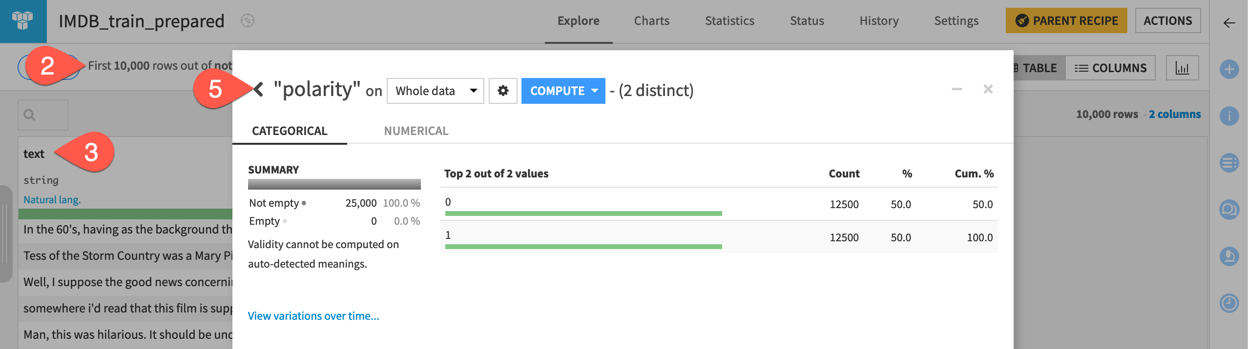 Dataiku screenshot of the analyze tool on a binary column.