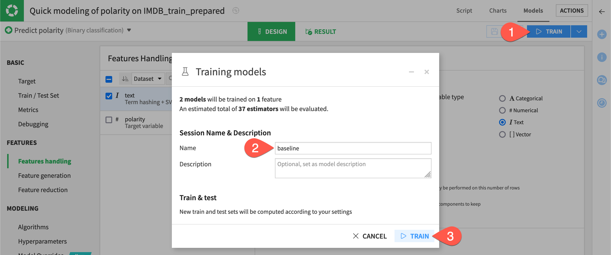 Dataiku screenshot of the dialog for training a baseline model.