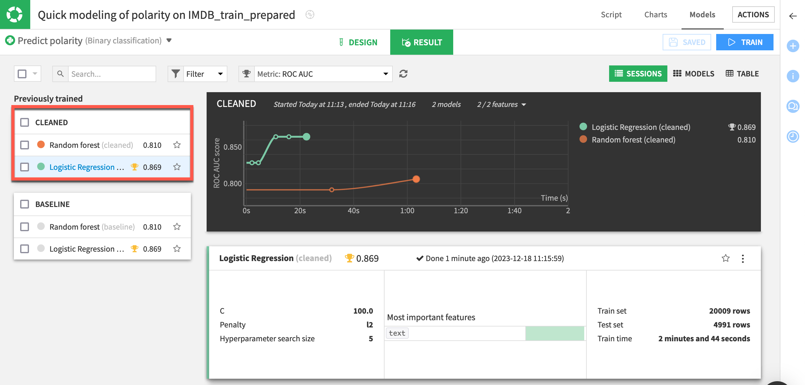 Dataiku screenshot of the results of a second model.