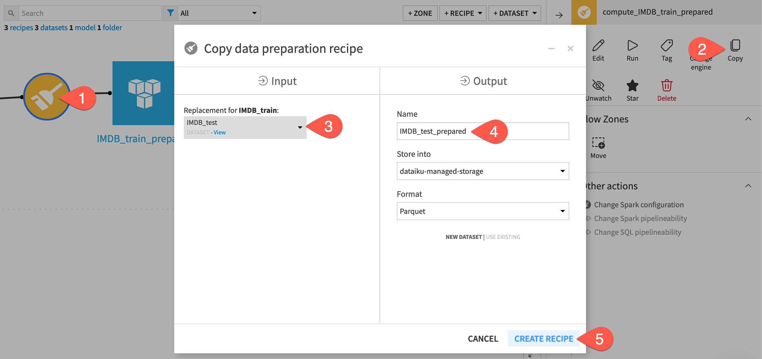 Dataiku screenshot of the dialog for copying a Prepare recipe.