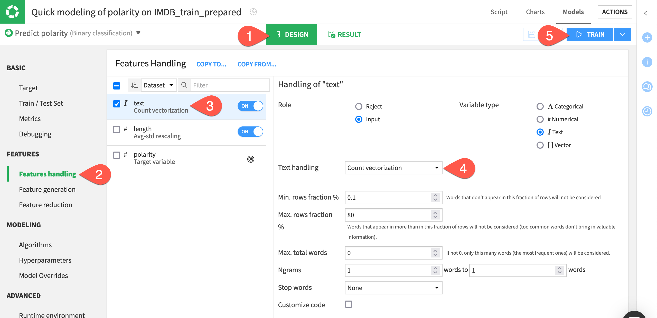 Dataiku screenshot of the features handling panel of a model.