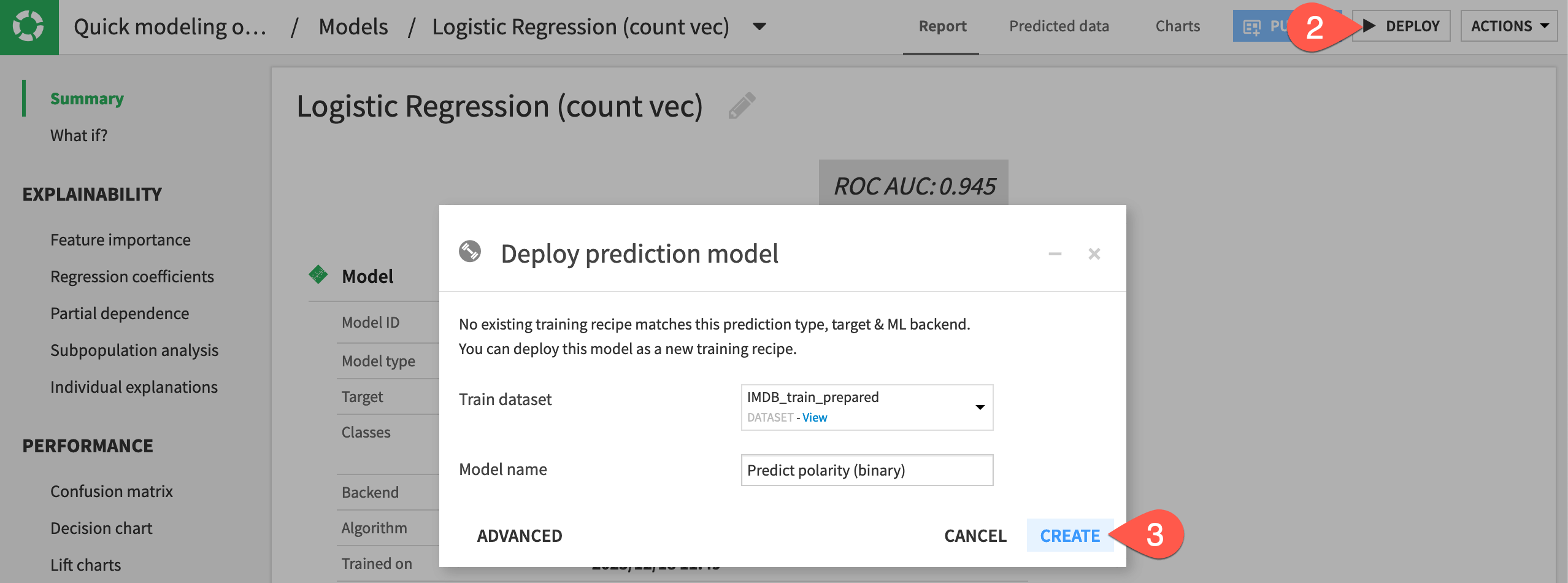 Dataiku screenshot of the dialog to deploy a model from the Lab to the Flow.