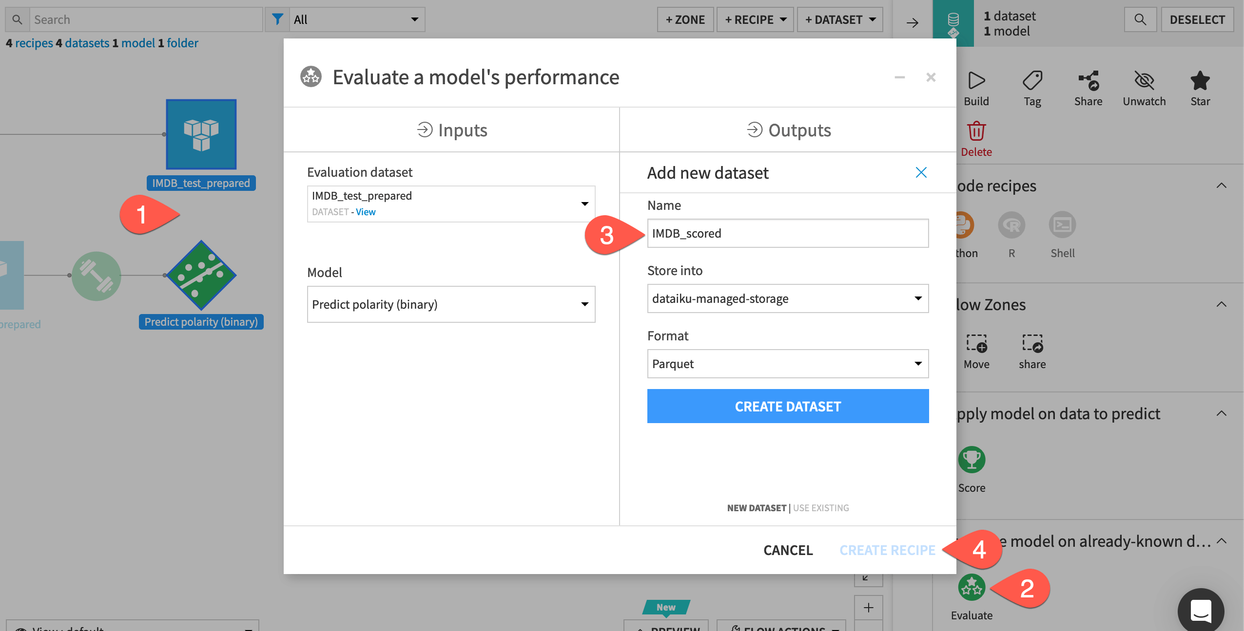 Dataiku screenshot of the dialog for an Evaluate recipe.