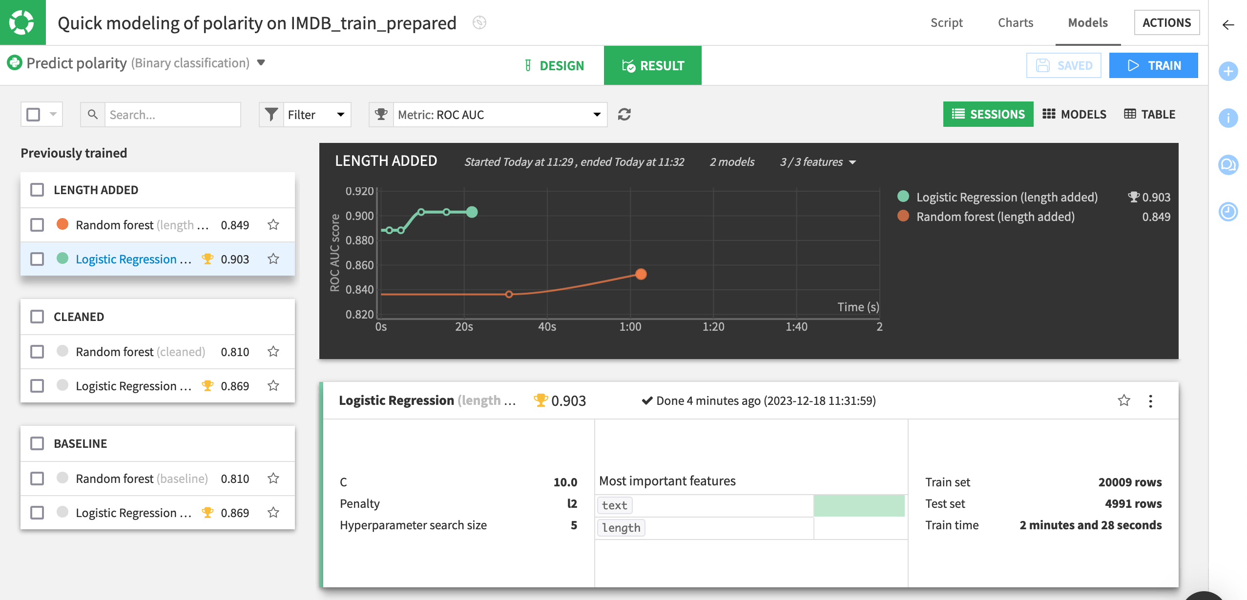 Dataiku screenshot of the results of a third model.