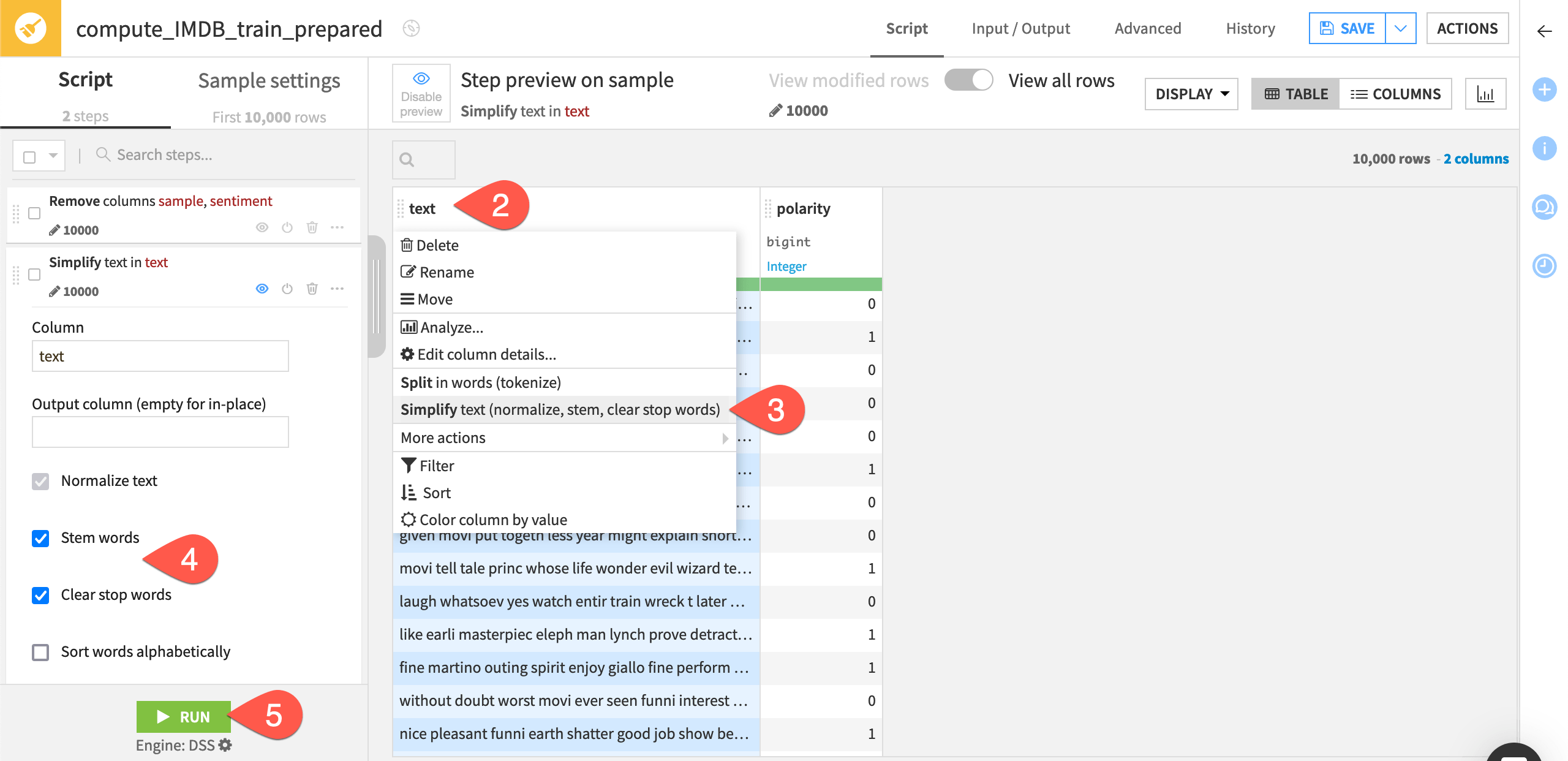 Dataiku screenshot of the simplify text processor in a Prepare recipe.