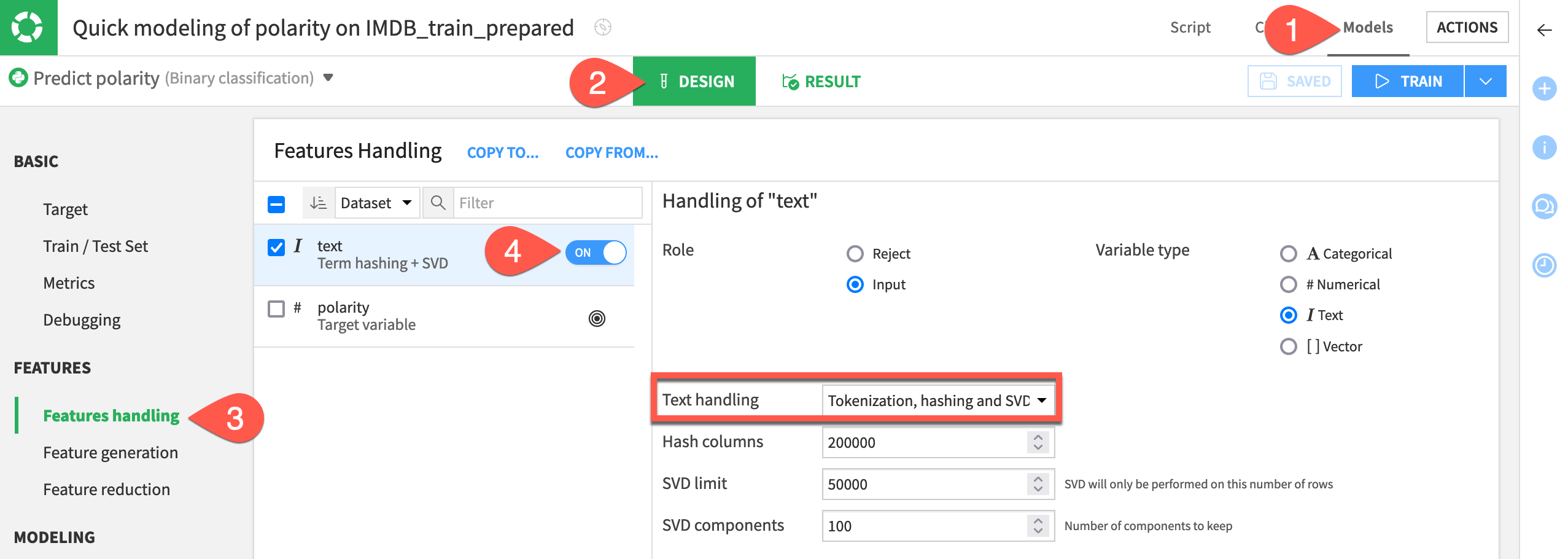 Dataiku screenshot of the features handling panel of the Design tab.