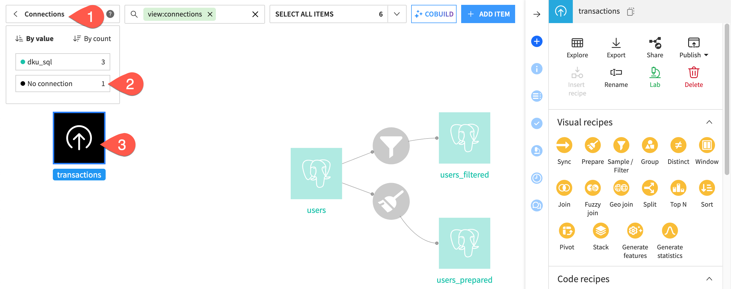 Dataiku screenshot of a connections Flow view.