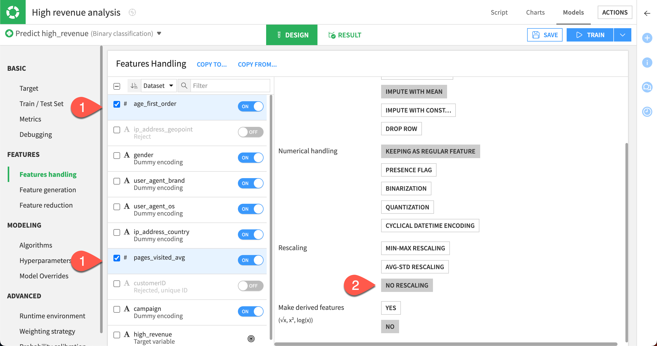 Handling numeric features in the Design tab of a visual analysis.