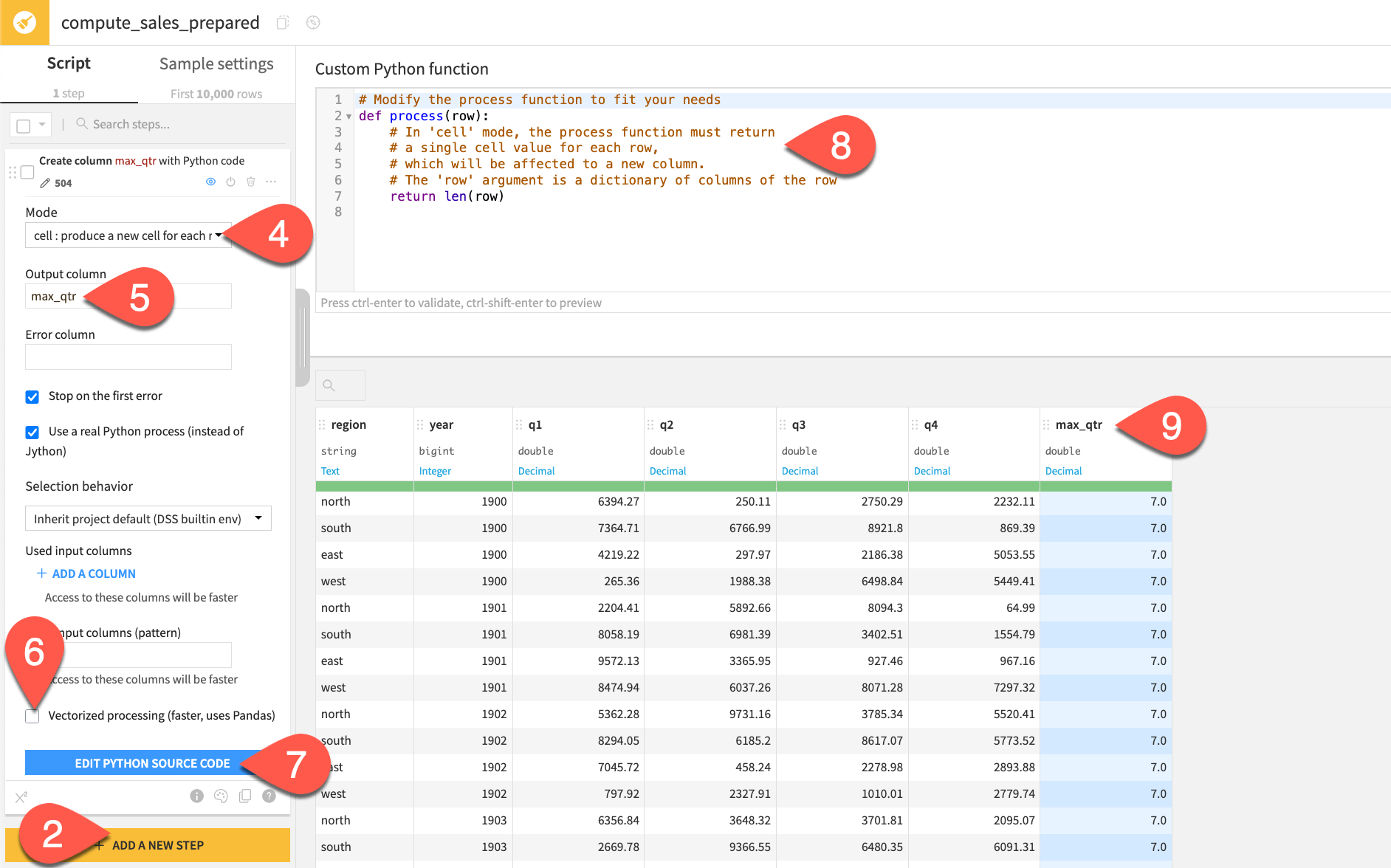 Dataiku screenshot of non-vectorized output of a Python function in cell mode.
