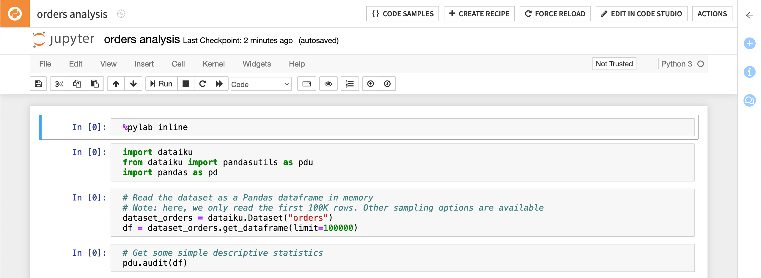 Dataiku screenshot of starter code in a Python notebook.