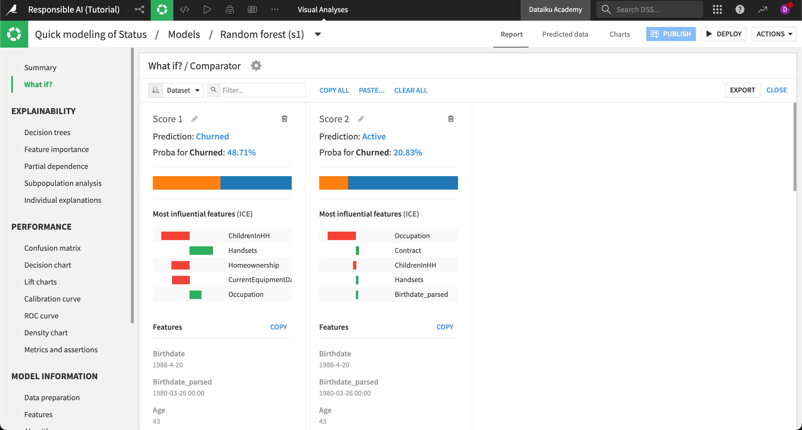 Dataiku screenshot comparing predictions for rural craft workers and urban professionals.