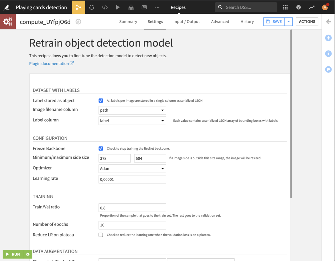 "Object detection recipe settings"
