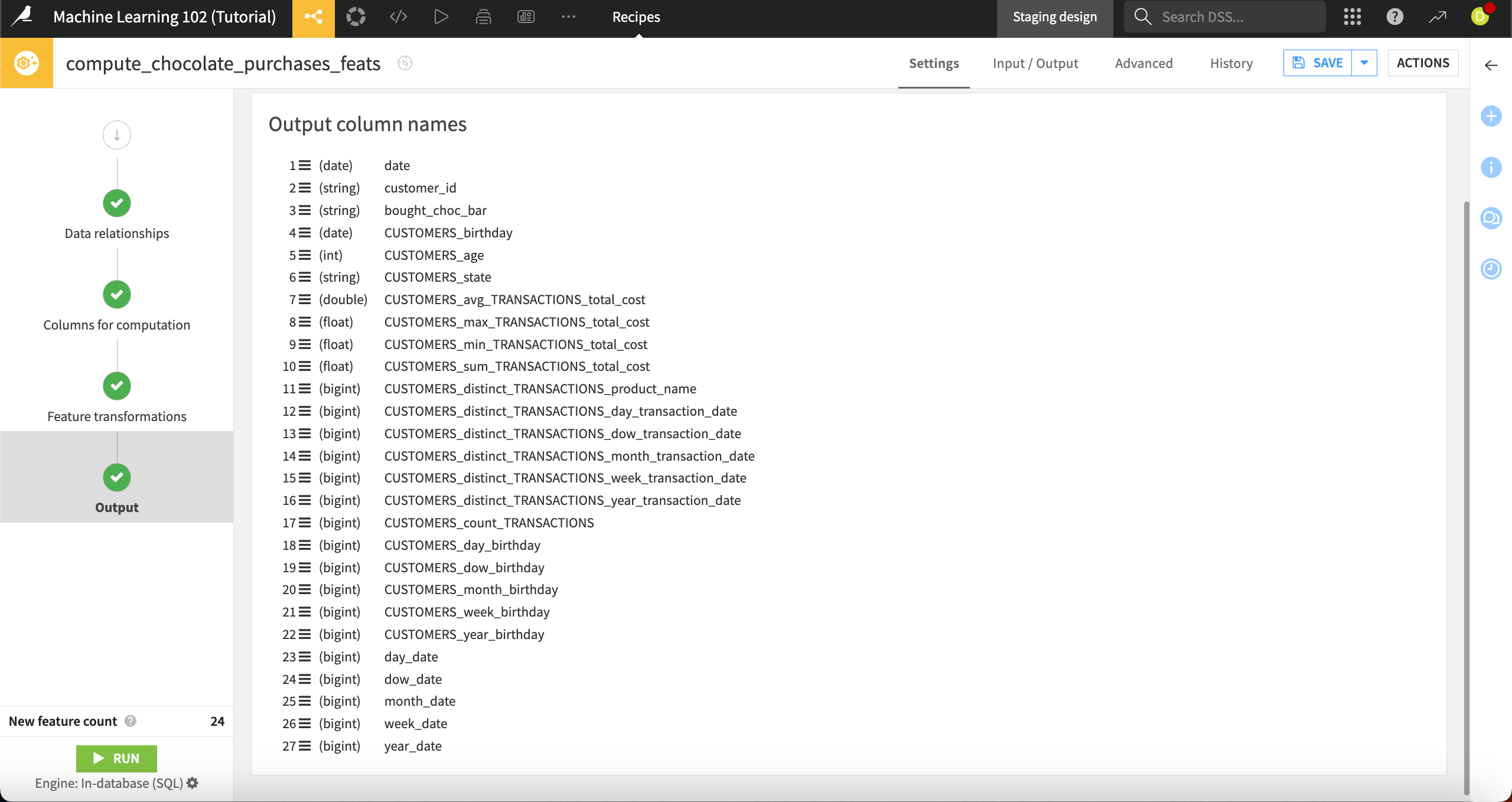 Screenshot of the output column names.