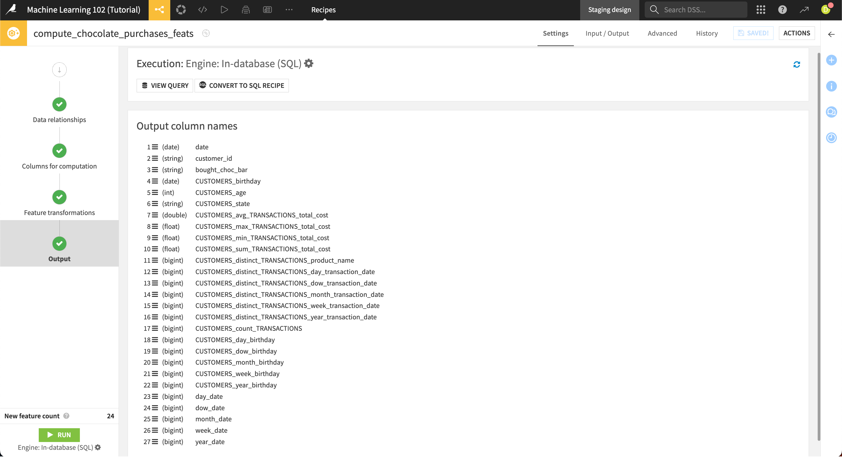 Screenshot of the output column names screen.