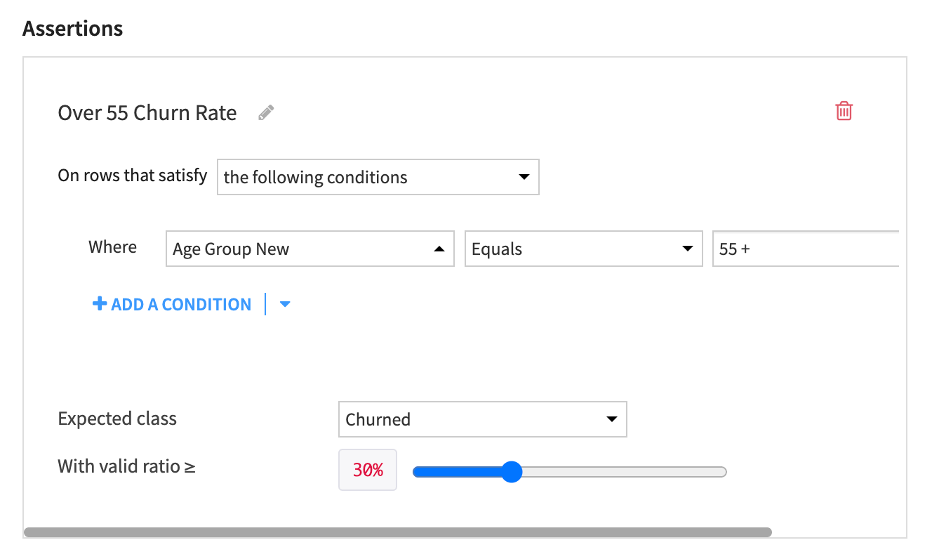 Dataiku screenshot of the over 55 churn rate assertion that we just made.