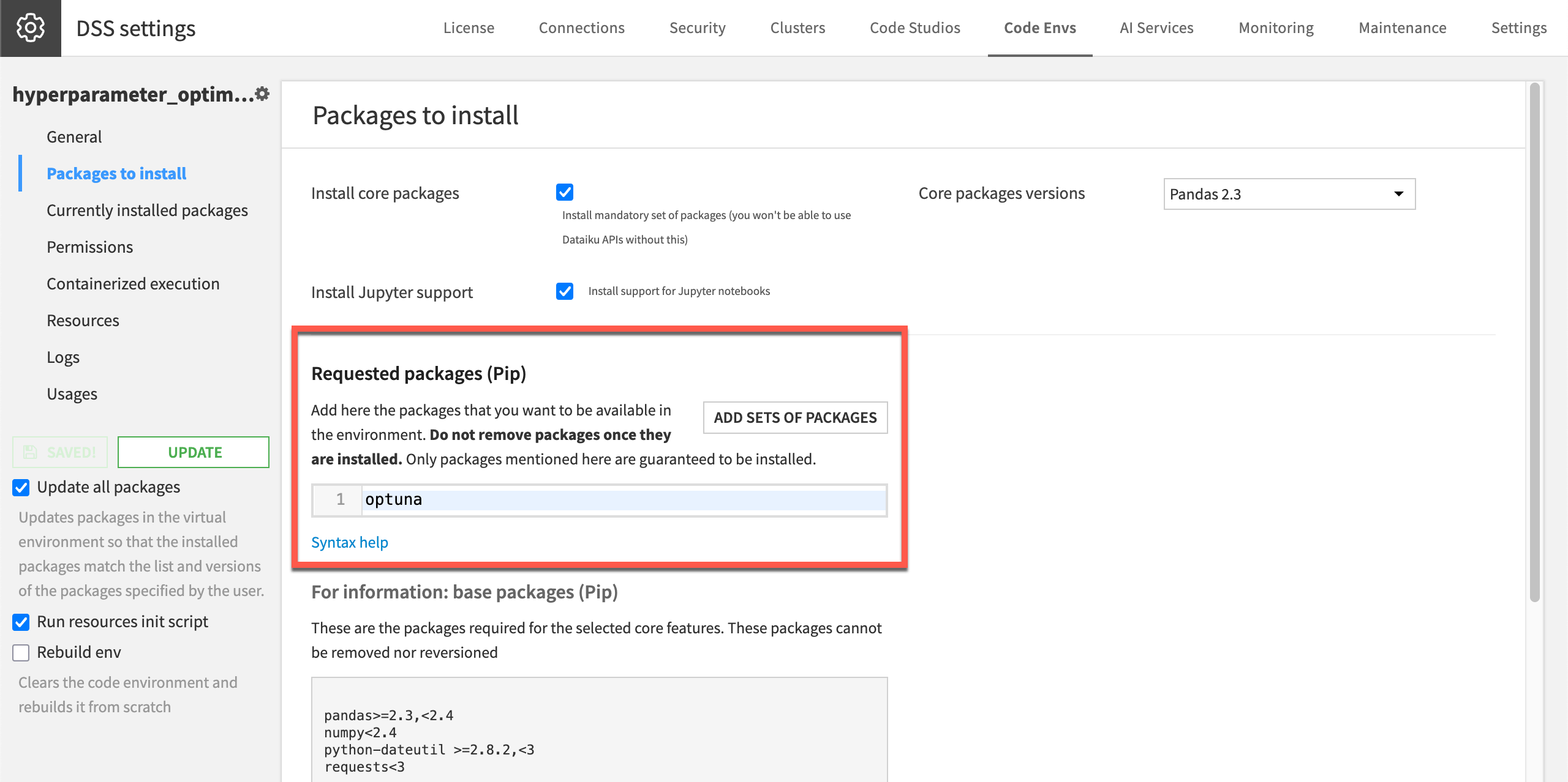 Dataiku screenshot of the Packages to install panel of a code environment.