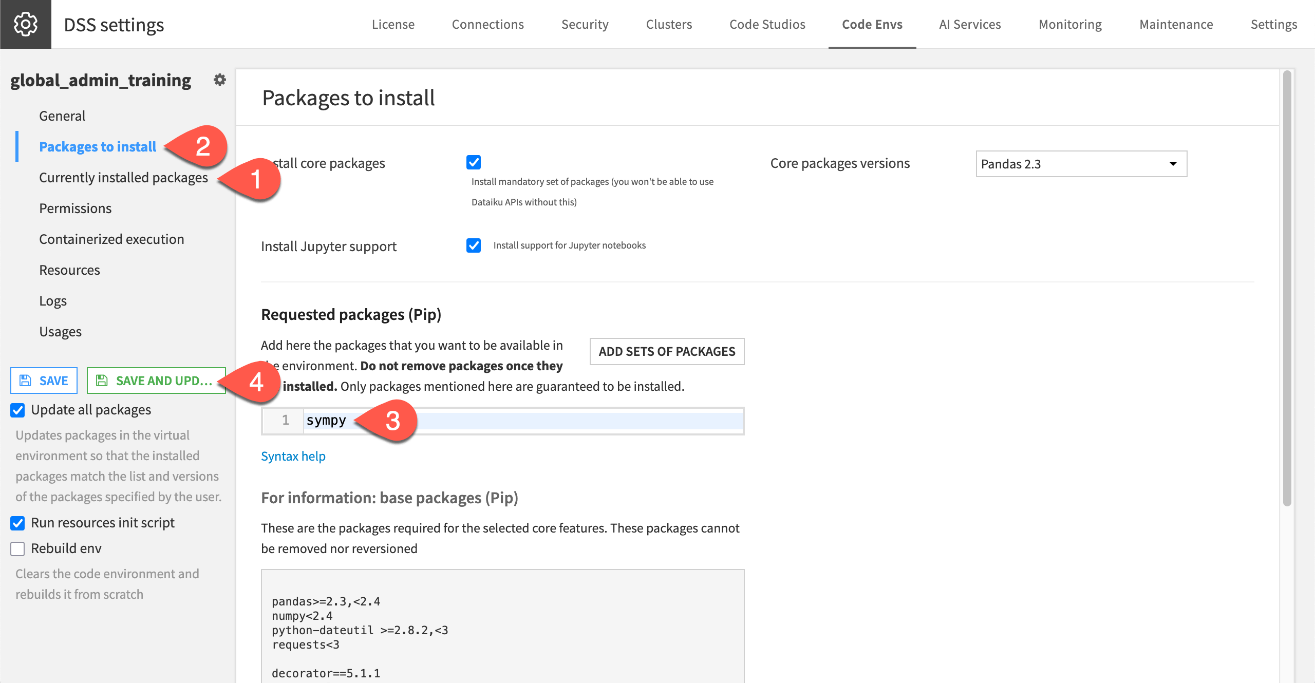 Dataiku screenshot of the Packages to install panel.