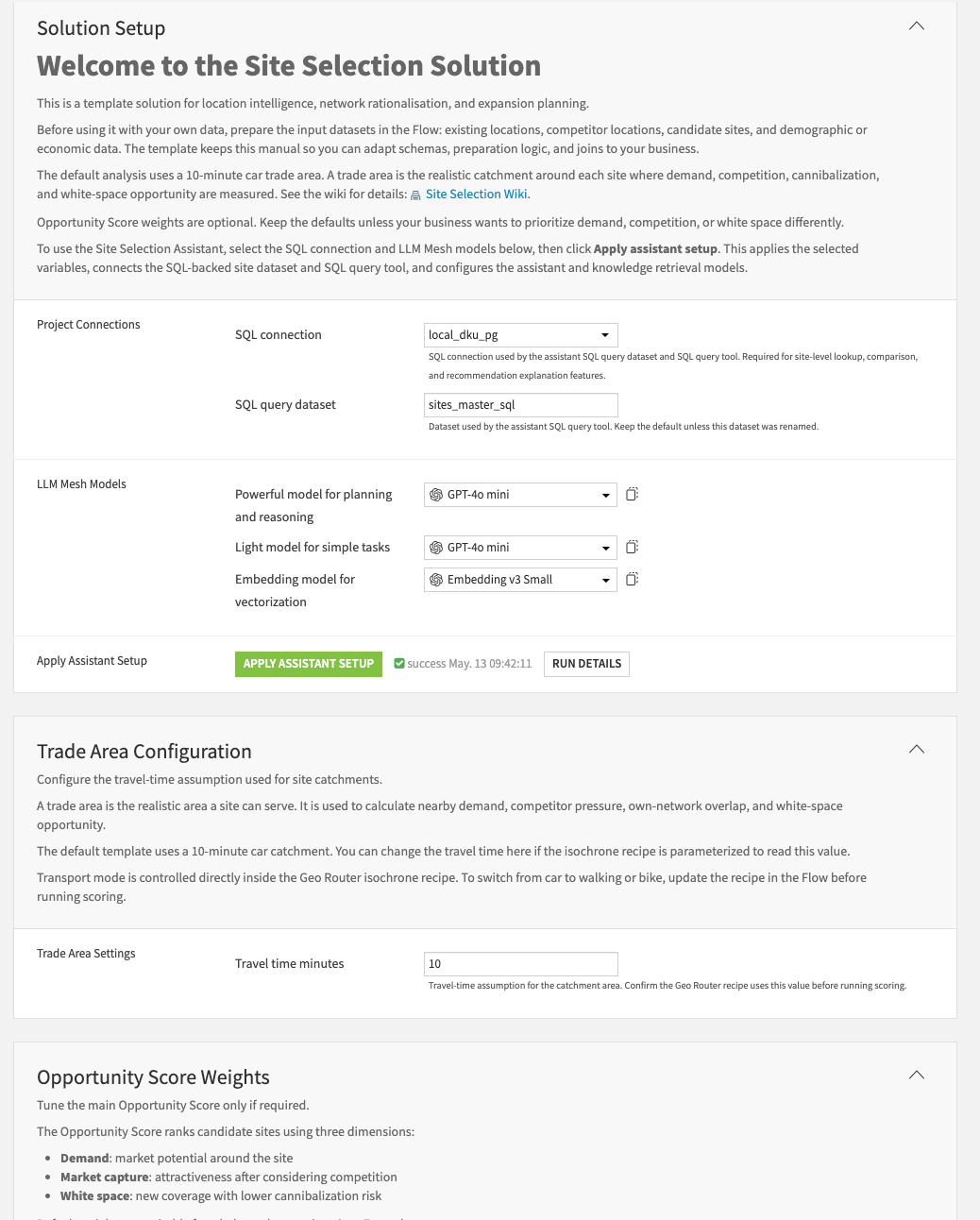 Dataiku screenshot of the Project Setup page for Site Selection.