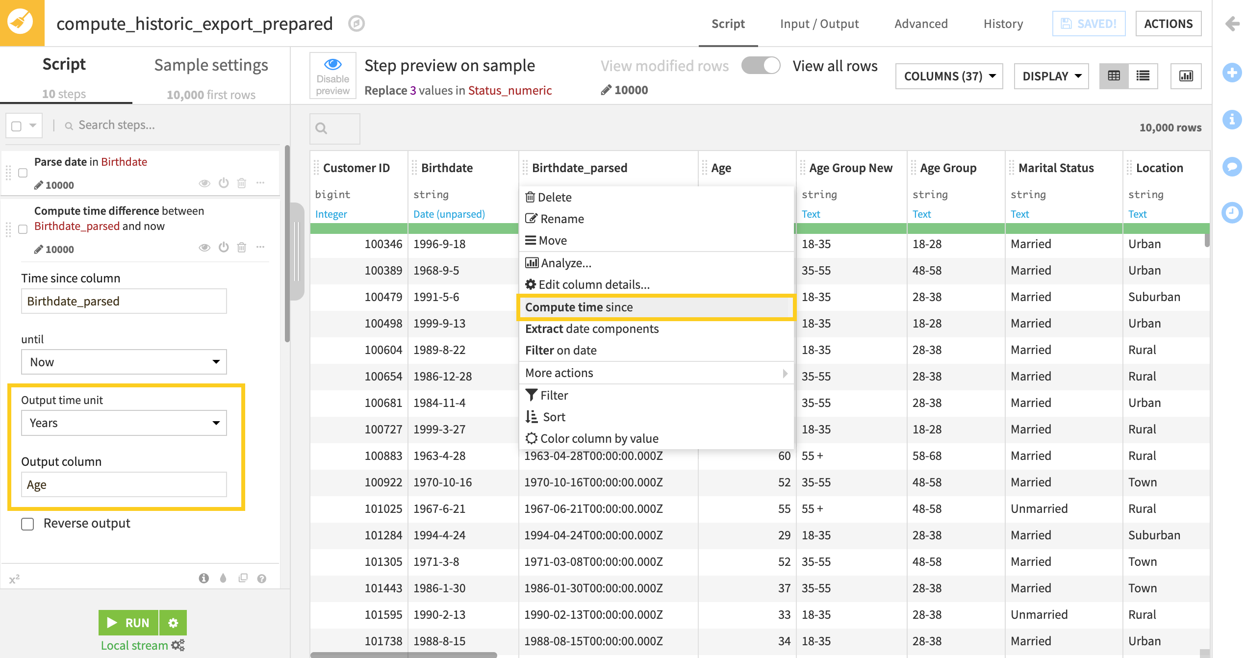 A Dataiku screenshot showing the parse date and compute time different steps in a Prepare recipe.