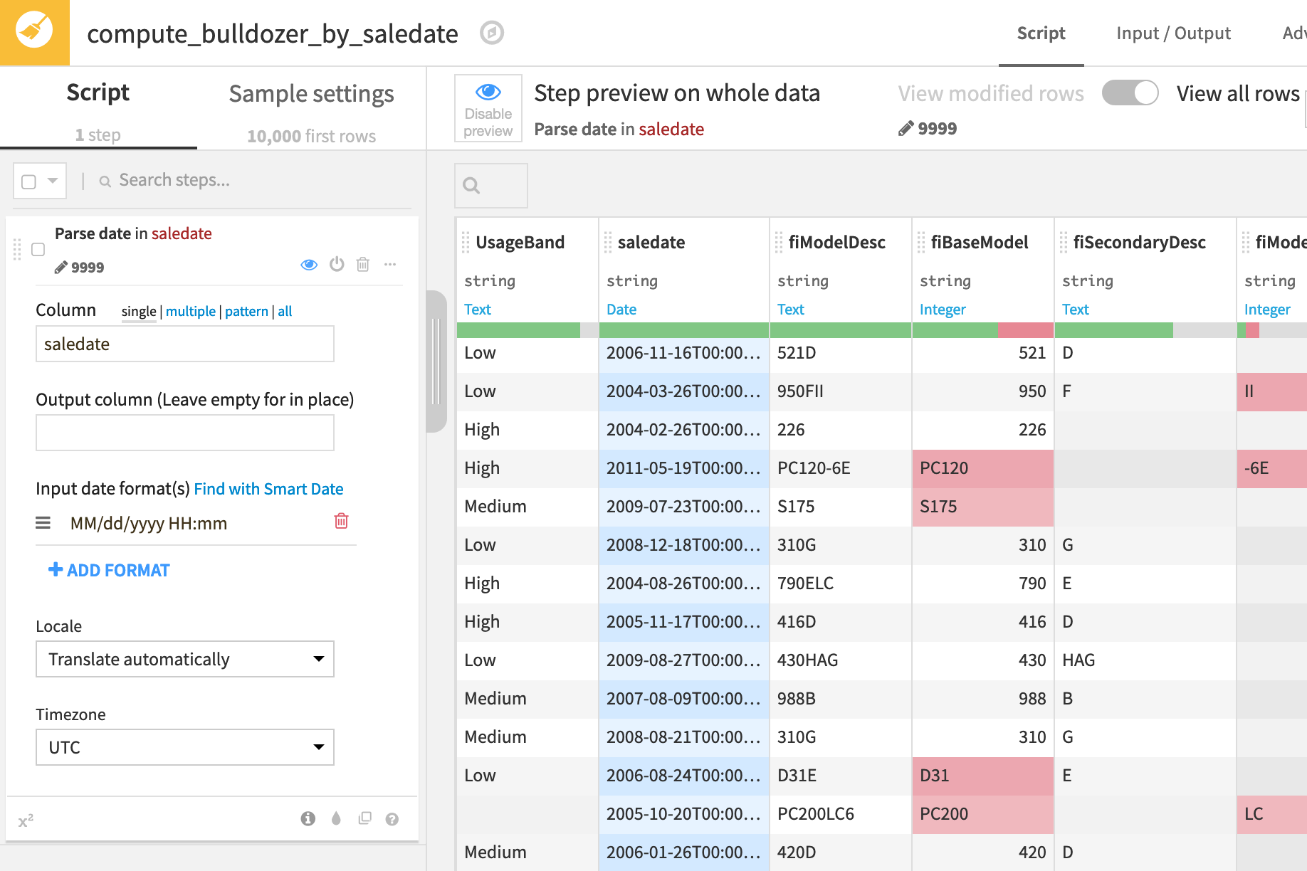 Dataiku screenshot of a Prepare recipe step parsing a date.