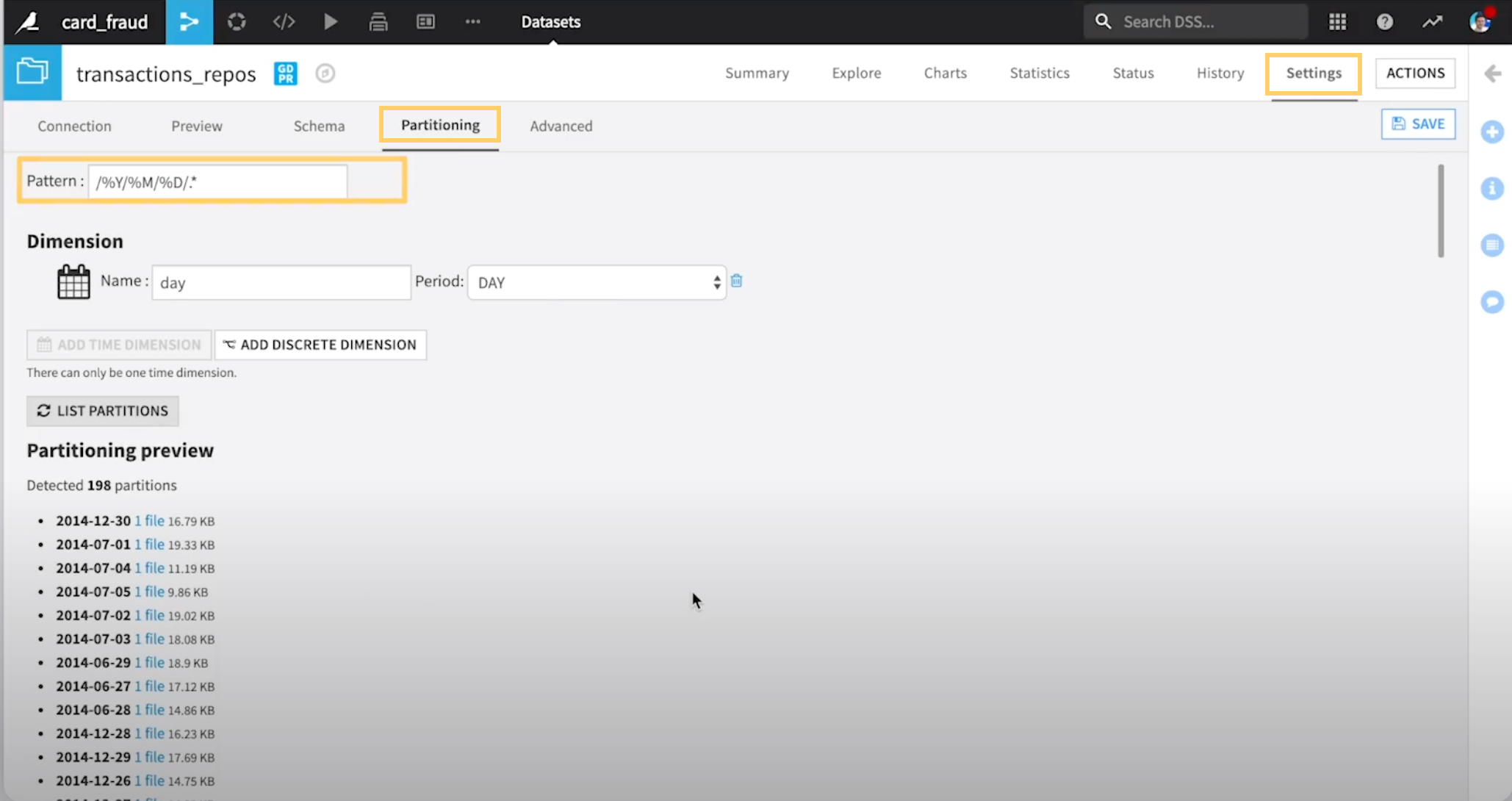 A Dataiku screenshot showing how to configure file-based partitioning for a dataset.