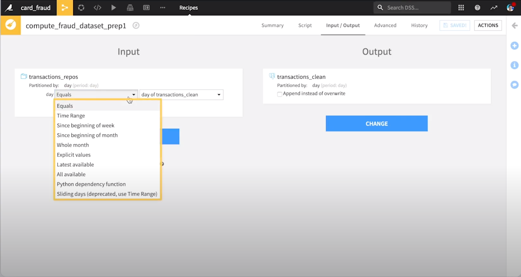 A Dataiku screenshot showing the input-output tab of a Prepare recipe that builds a partitioned dataset.