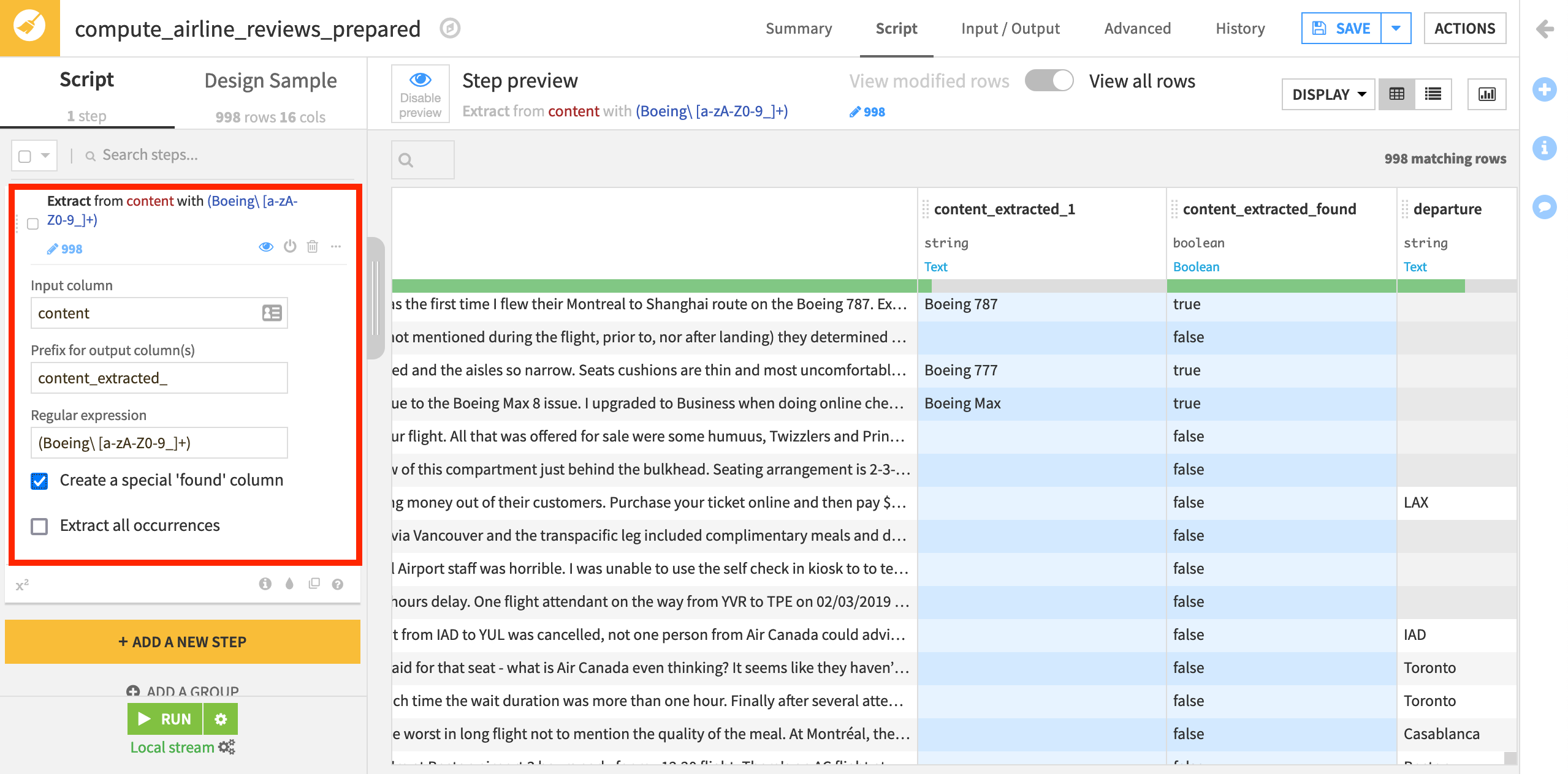 Dataiku screenshot of a Prepare recipe using an Extract with regular expression processor step.