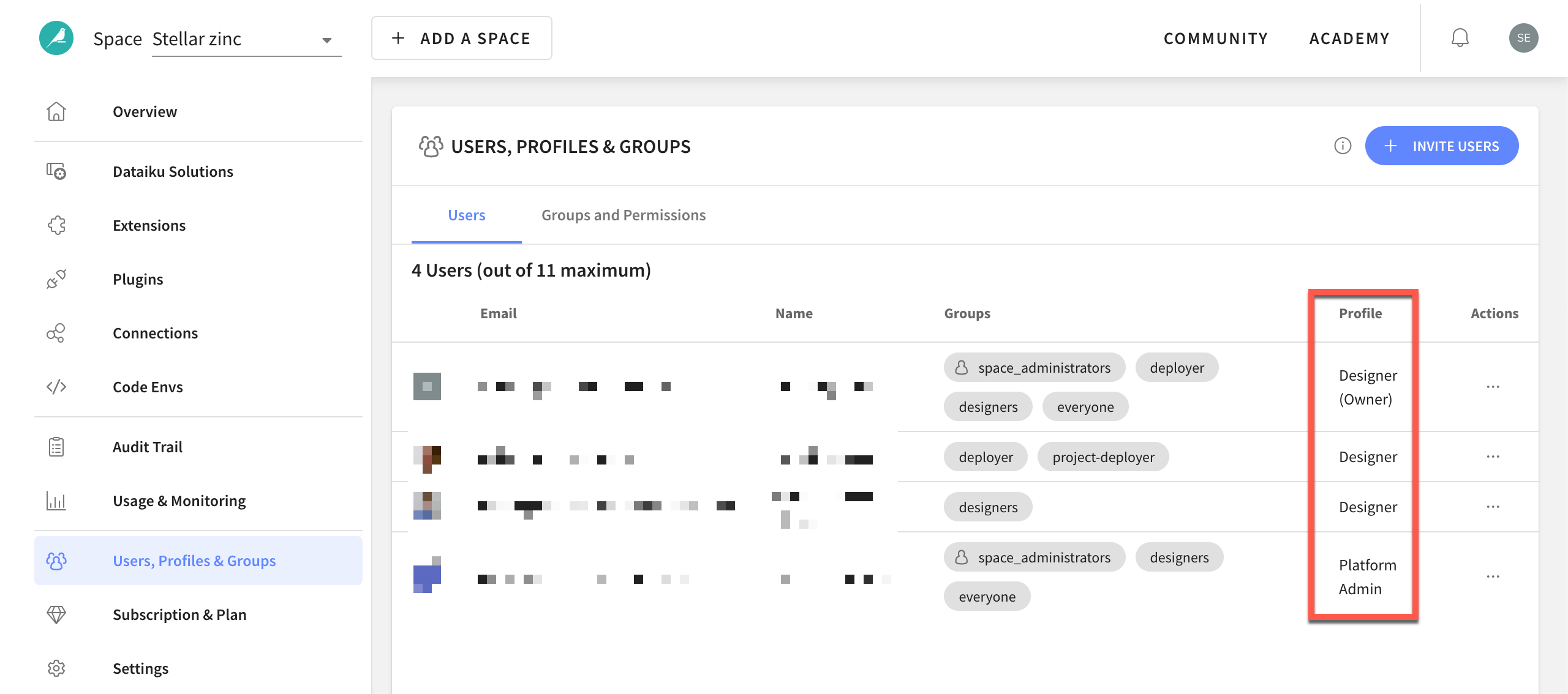 Dataiku screenshot of the users tab in the Cloud Launchpad.