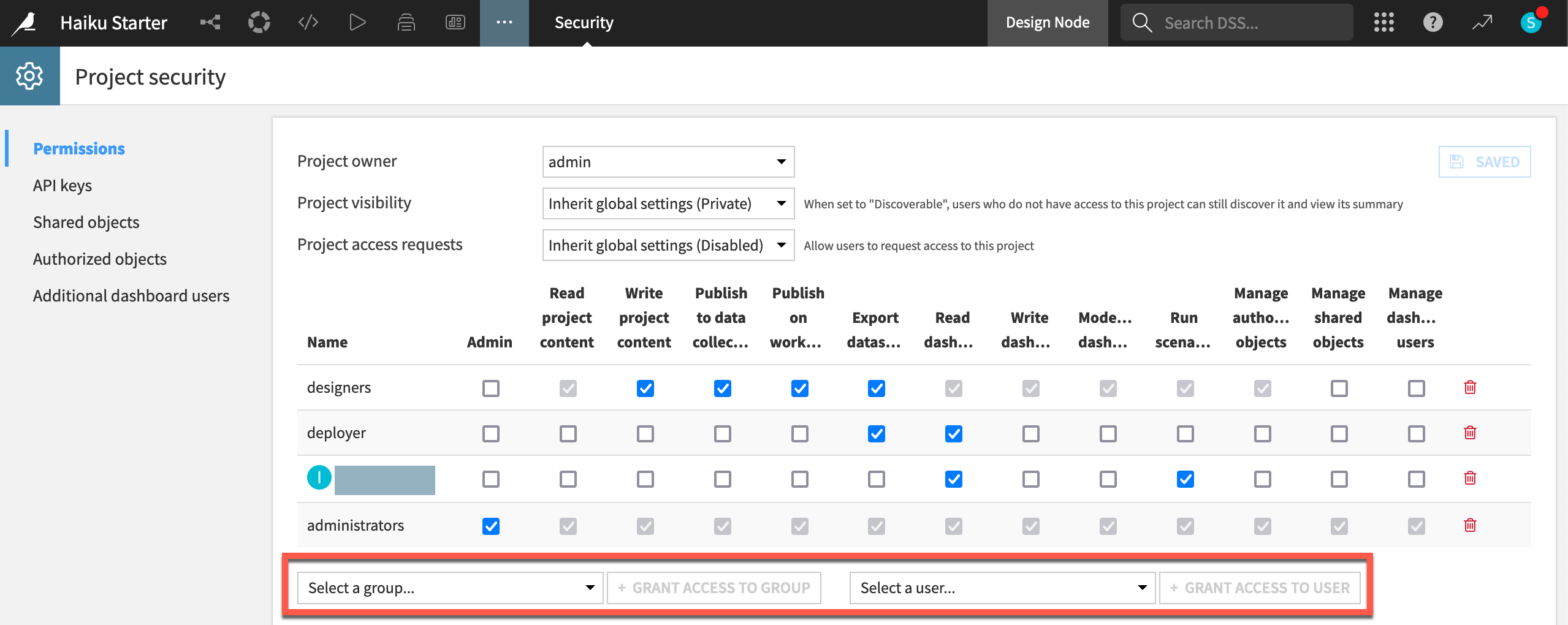 Dataiku screenshot of the permissions matrix for a project.