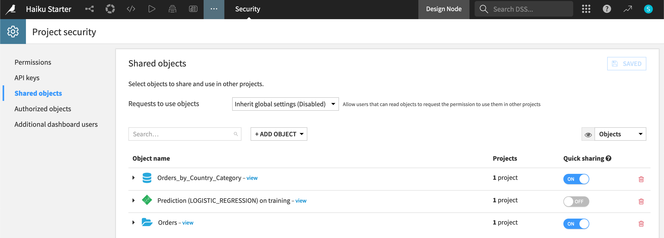 Dataiku screenshot of the shared objects panel of the project security page.