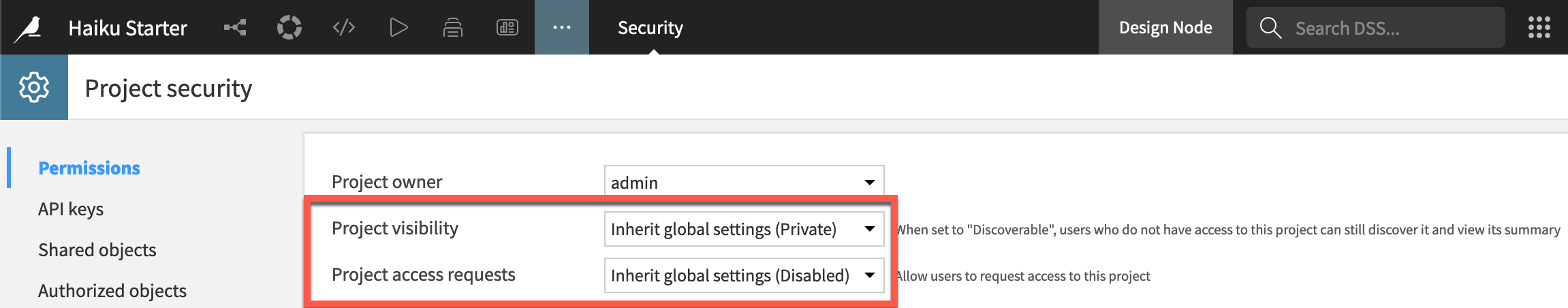 Dataiku screenshot of the permissions panel showing the visibility and access request settings.