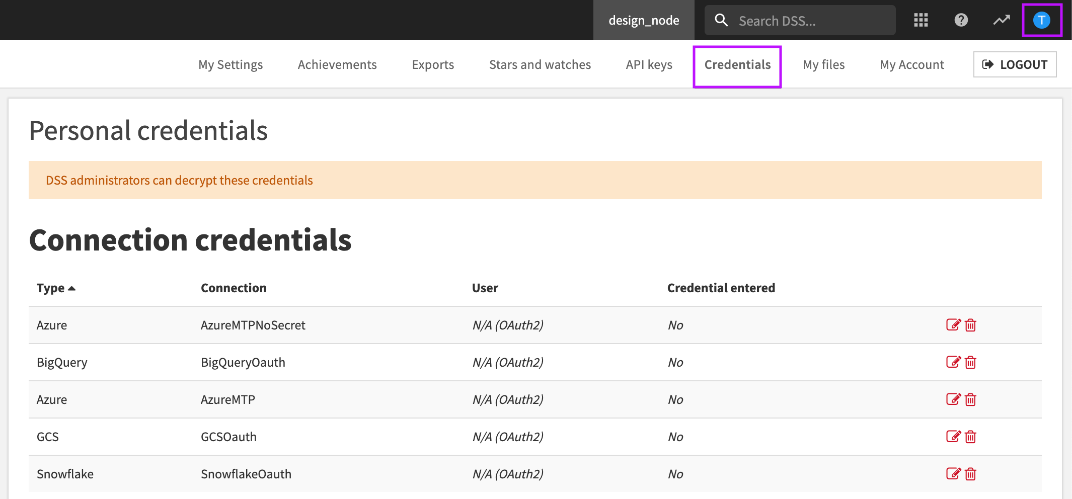 Personal credentials section of a Dataiku user's profile.