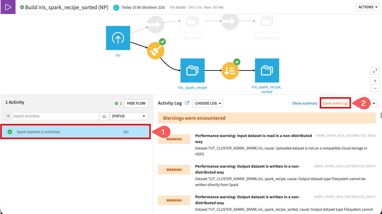 Screenshot of the Spark logs when using a Spark pipeline.