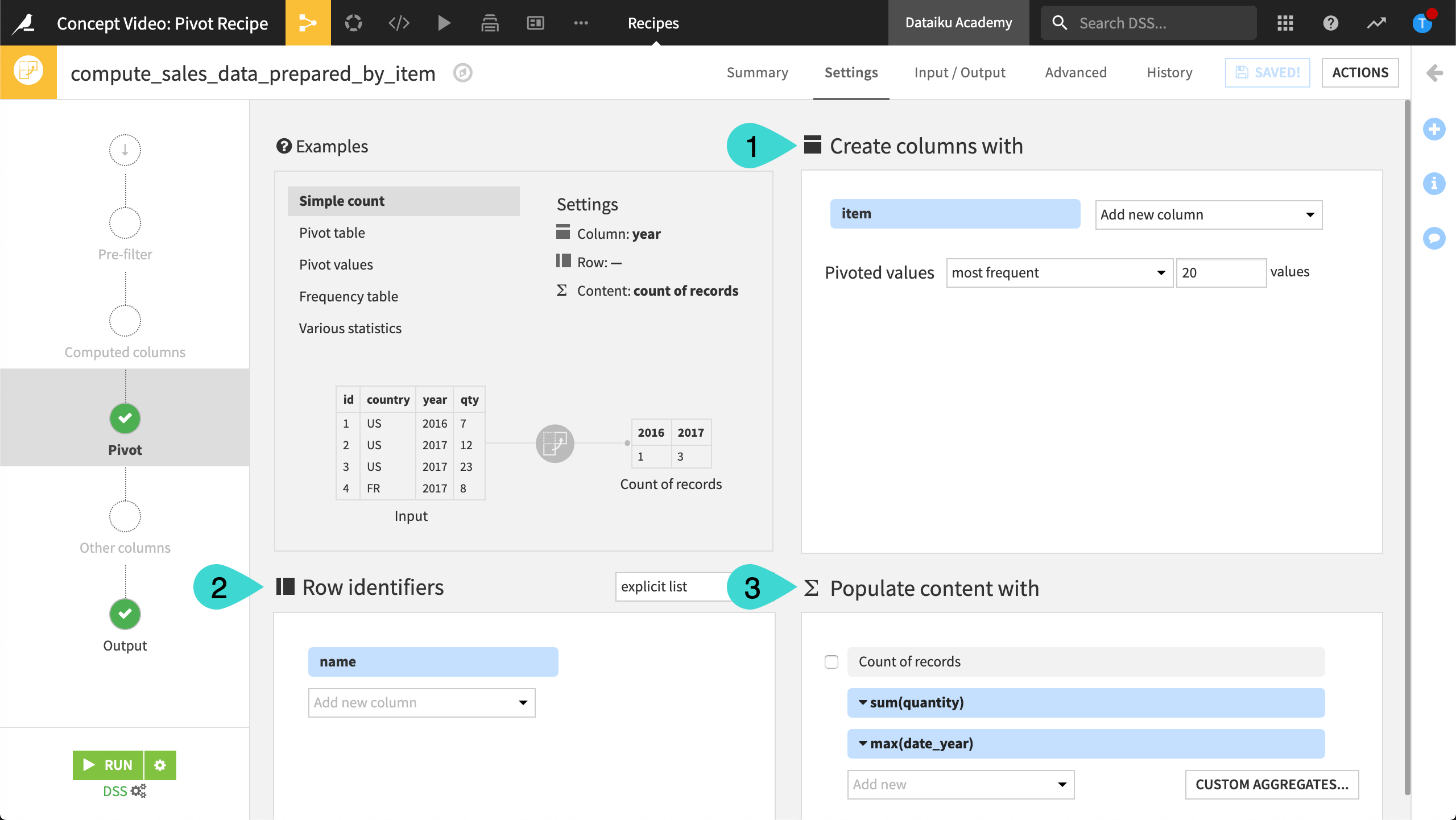 Dataiku screenshot of the Pivot step to configure a Pivot recipe.