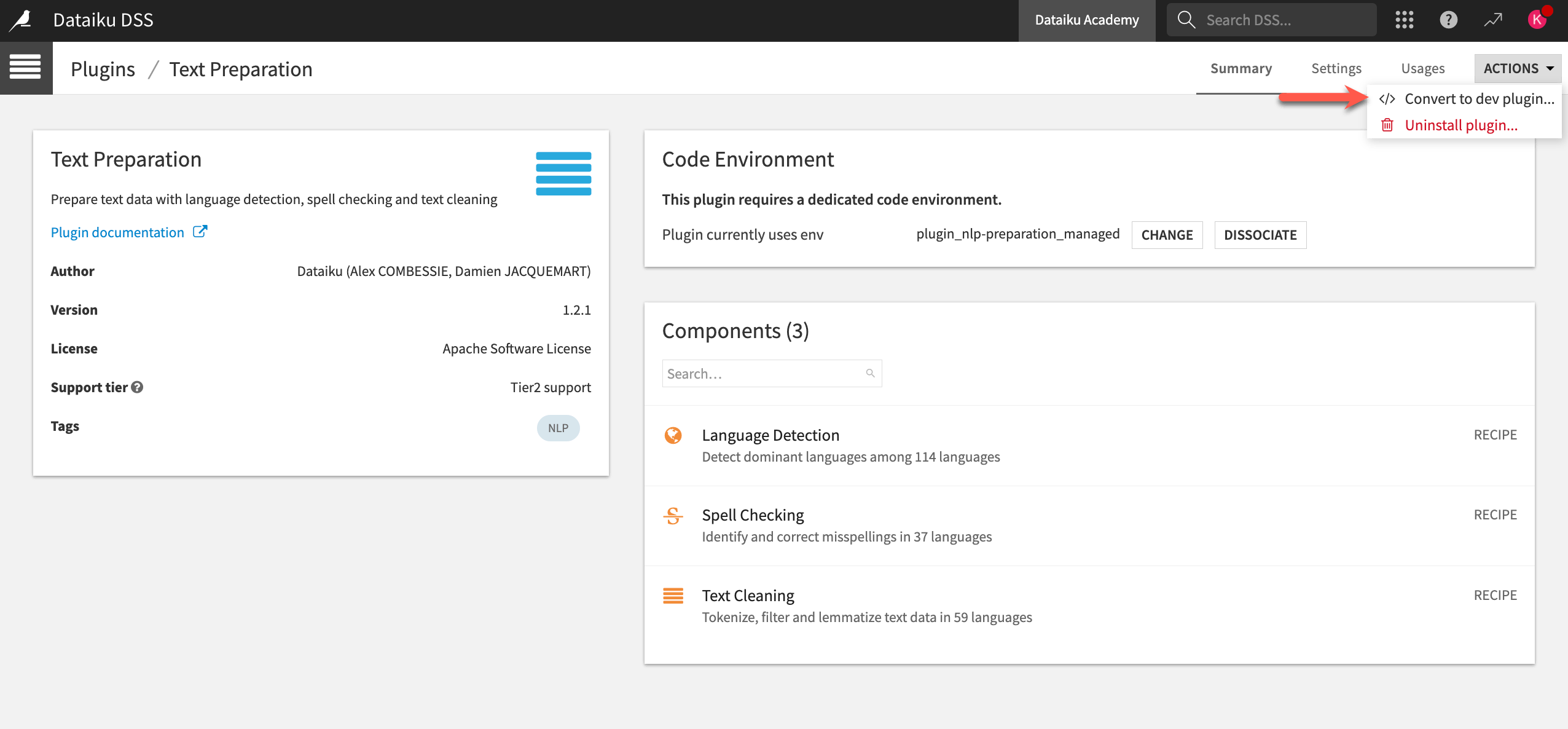 A Dataiku screenshot of a summary page of a plugin in the plugin store, showing how it can be converted to a development plugin.