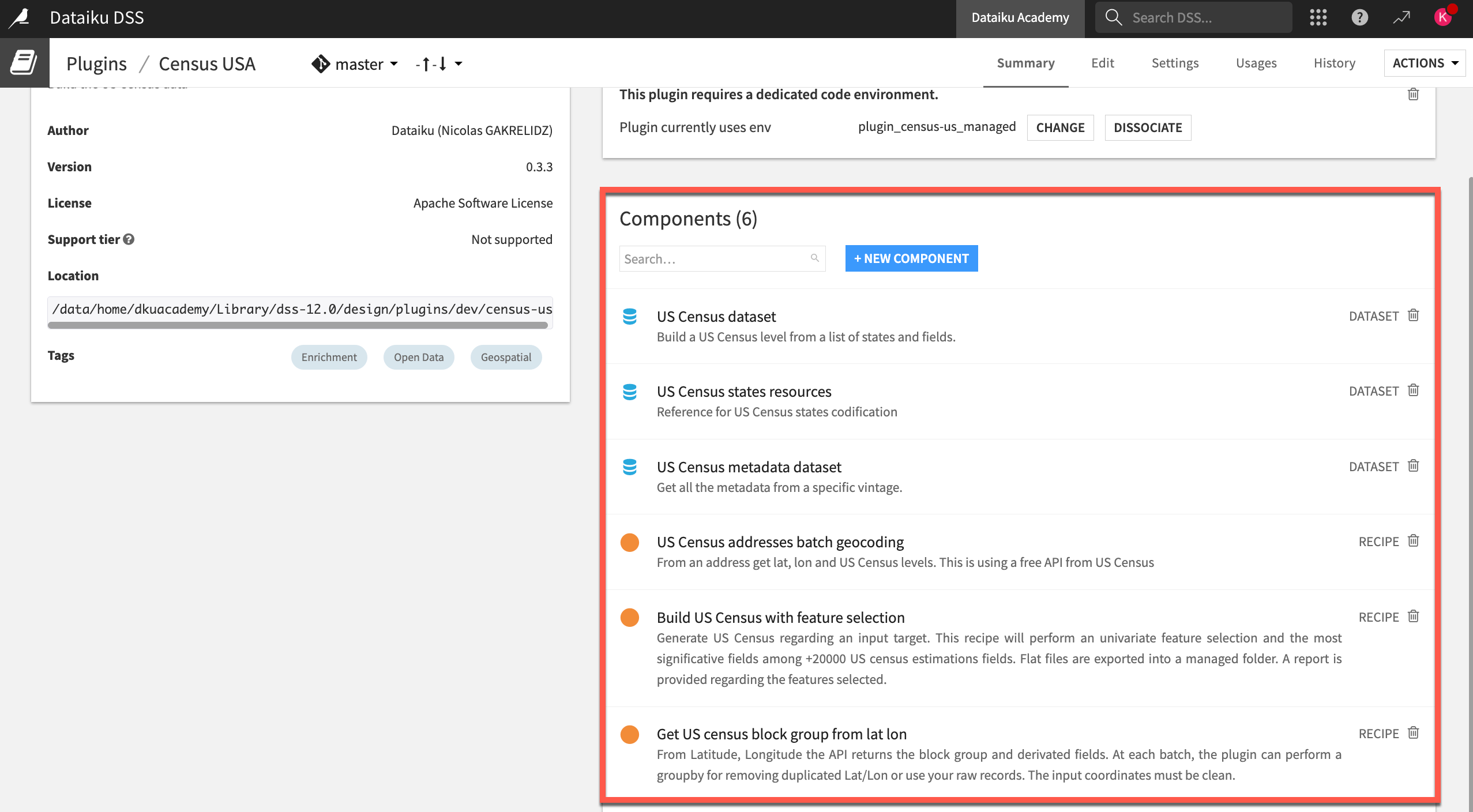 A Dataiku screenshot of the plugin store page for the Census USA plugin, highlighting its six components.