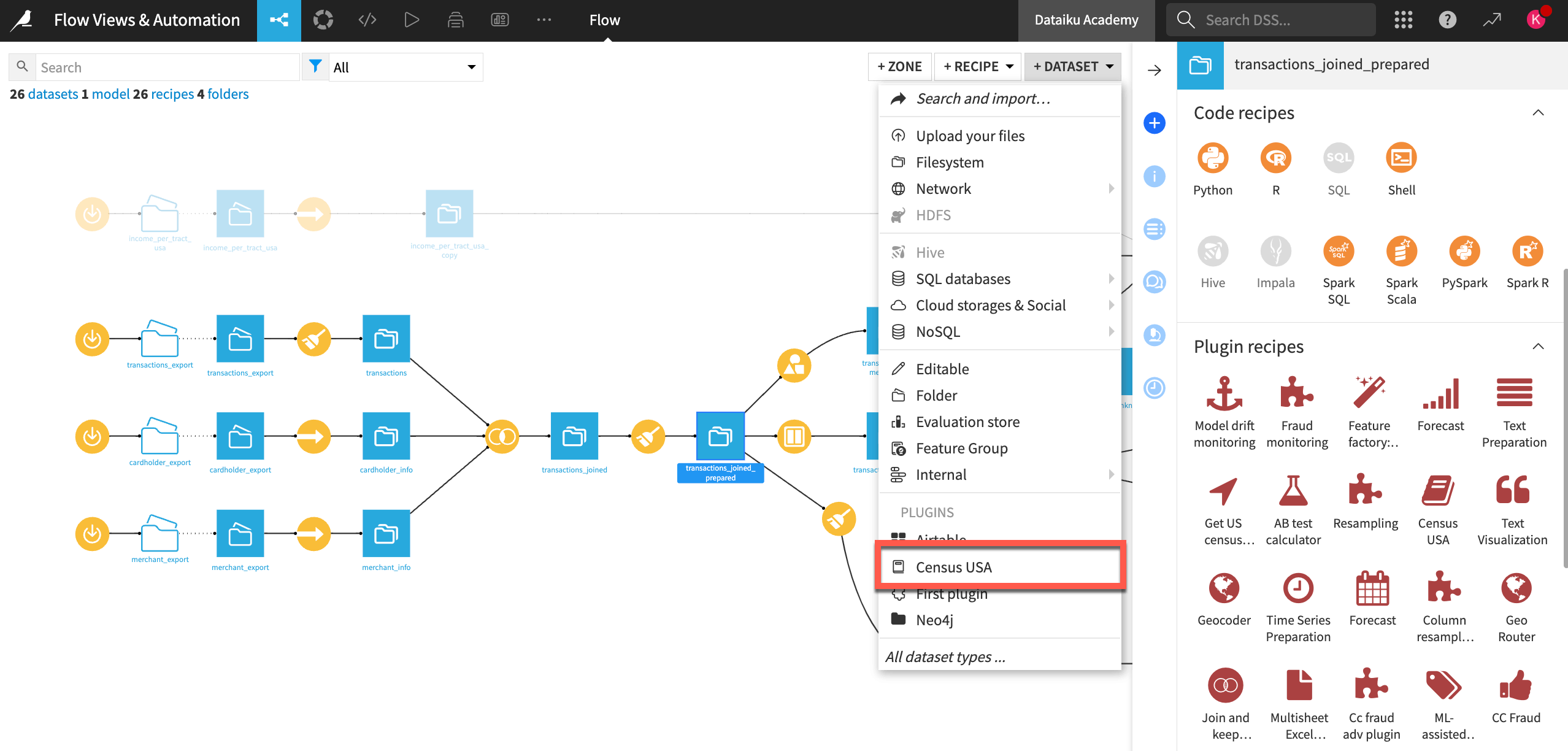 A Dataiku screenshot of creating a new dataset through a plugin connector by clicking the + New Dataset button from the Flow.