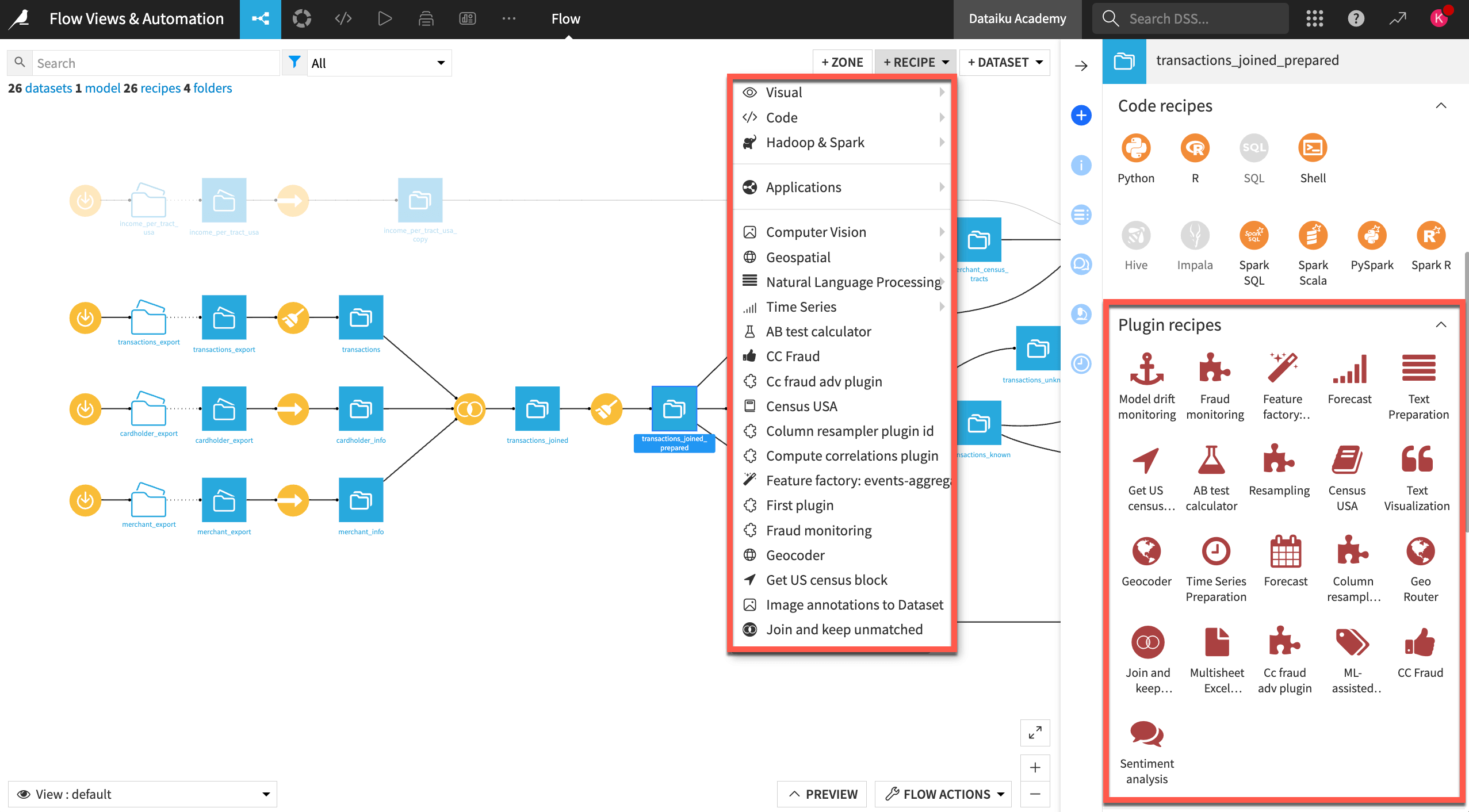 A Dataiku Flow showing how plugin recipes can be found either in the right panel or from the +Recipe dropdown.