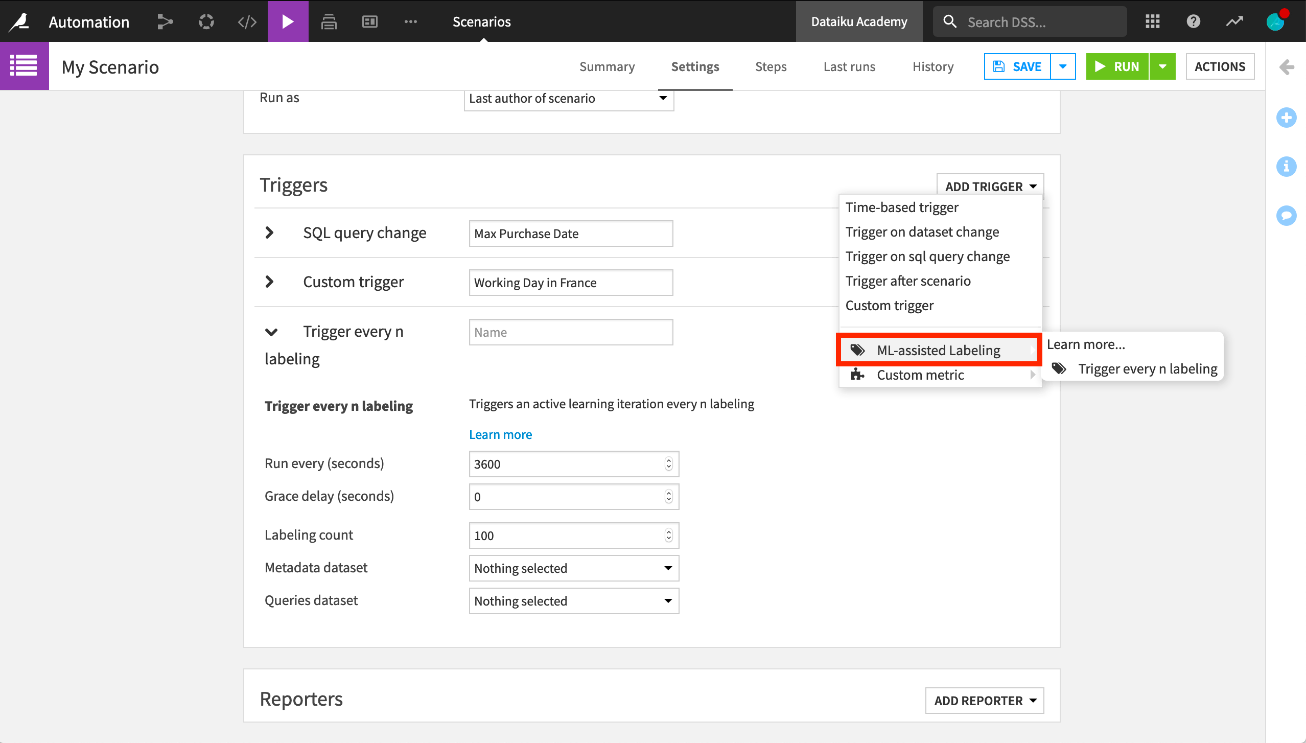 Dataiku screenshot showing an example of a plugin trigger.