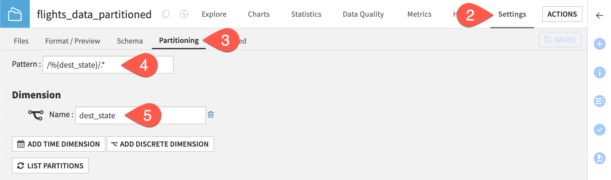 Dataiku screenshot of the settings of a partitioned dataset.