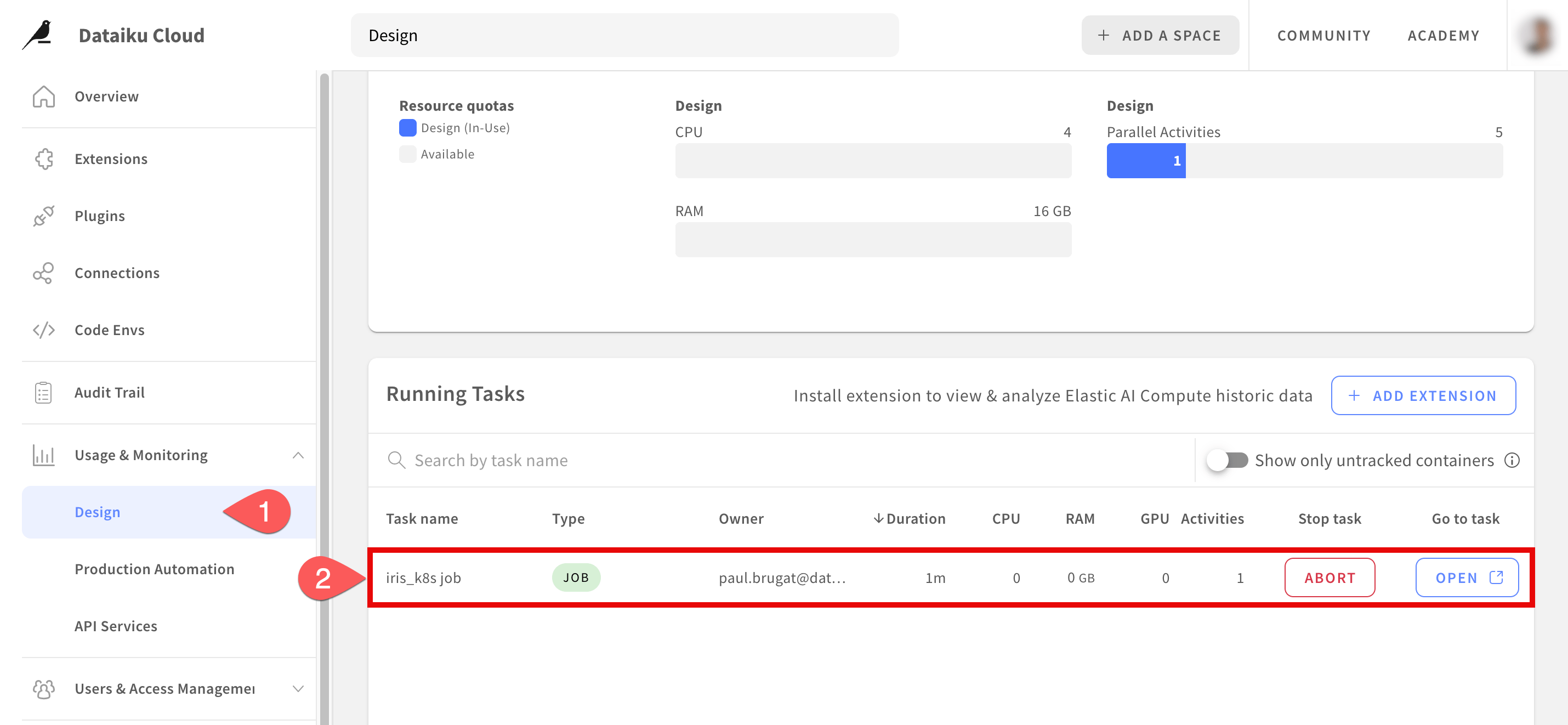 Screenshot of the pod created in Dataiku Cloud Launchpad.