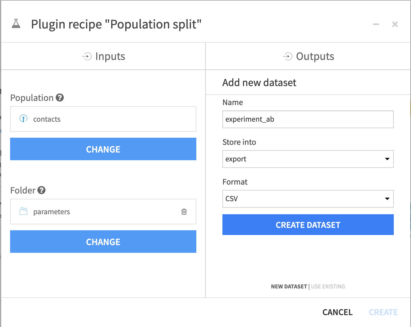 Set inputs and outputs for the Population Split recipe.
