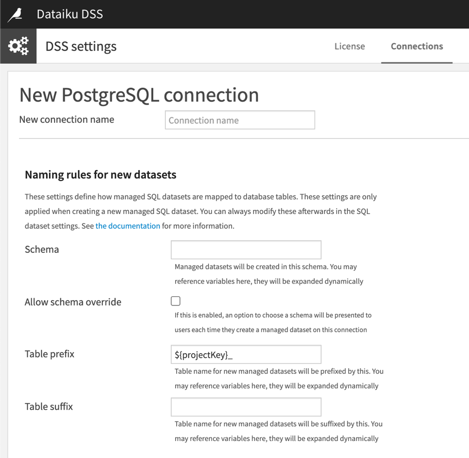 New postgreSQL connection page in the Connections tab within DSS settings.
