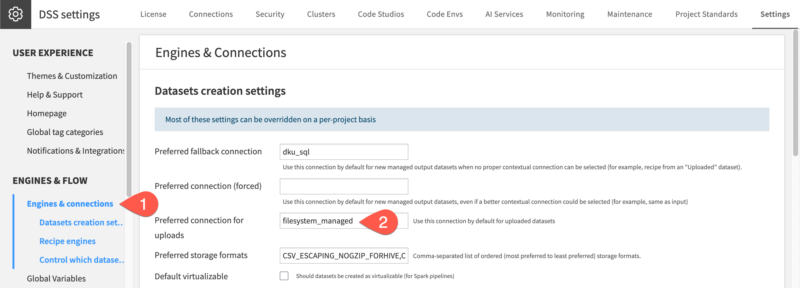 Dataiku screenshot of the dataset creation settings page.